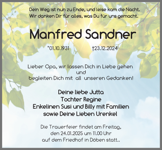 Traueranzeige von Manfred Sandner von Leipziger Volkszeitung