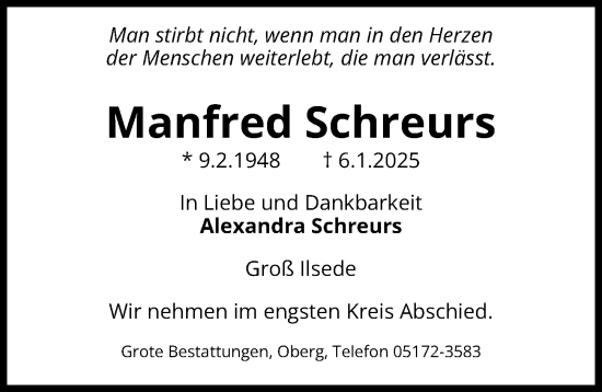 Traueranzeige von Manfred Schreurs von Peiner Allgemeine Zeitung