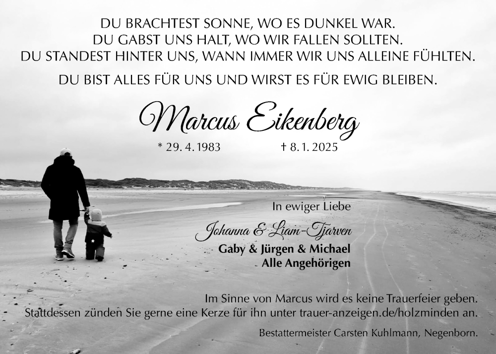  Traueranzeige für Marcus Eikenberg vom 18.01.2025 aus Täglicher Anzeiger Holzminden