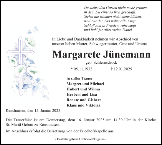 Traueranzeige von Margarete Jünemann von Göttinger Tageblatt