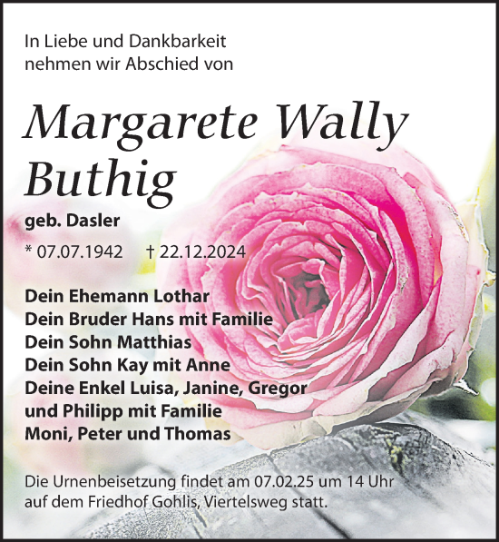 Traueranzeige von Margarete Wally Buthig von Leipziger Volkszeitung