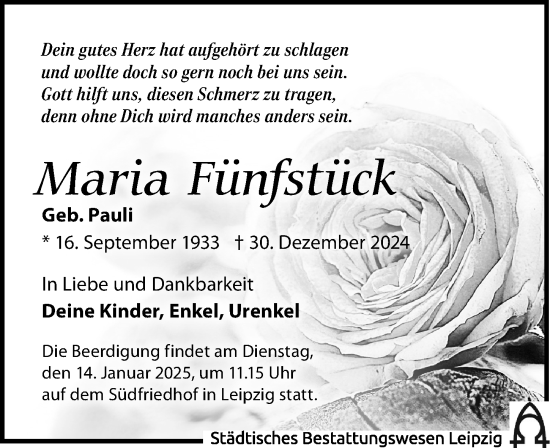 Traueranzeige von Maria Fünfstück von Leipziger Volkszeitung