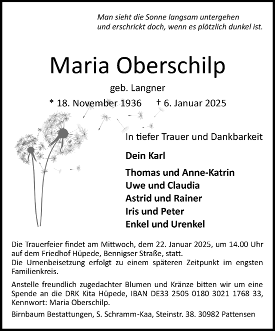 Traueranzeige von Maria Oberschilp von Hannoversche Allgemeine Zeitung/Neue Presse