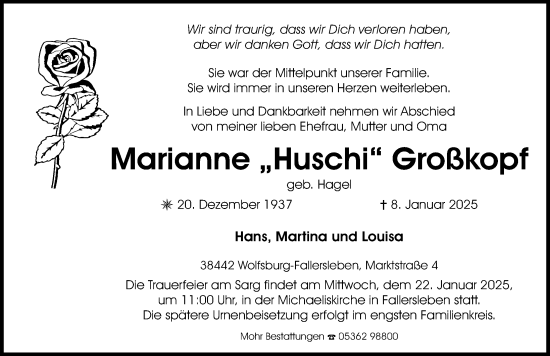 Traueranzeige von Marianne  Großkopf von Aller Zeitung