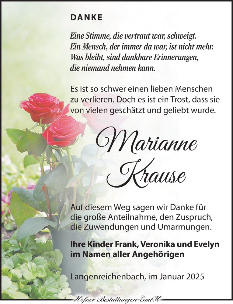  Traueranzeige für Marianne Krause vom 11.01.2025 aus Torgauer Zeitung