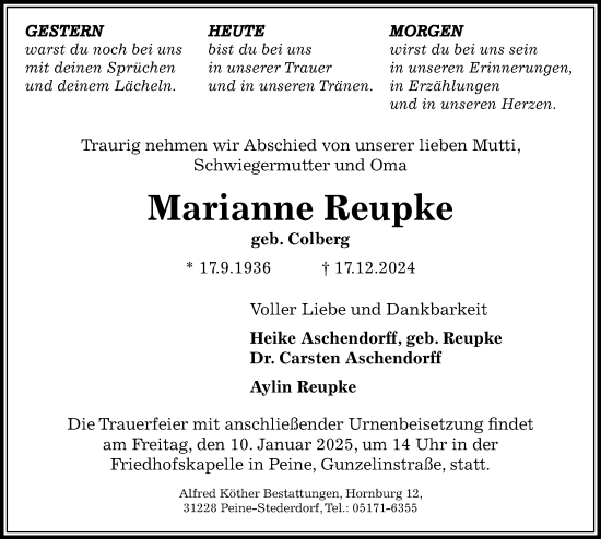 Traueranzeige von Marianne Reupke von Peiner Allgemeine Zeitung