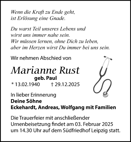 Traueranzeige von Marianne Rust von Leipziger Volkszeitung