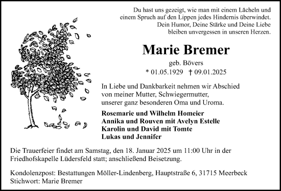 Traueranzeige von Marie Bremer von Schaumburger Nachrichten