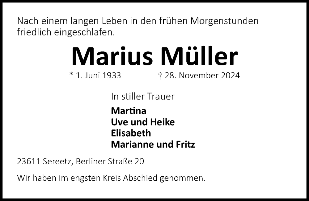  Traueranzeige für Marius Müller vom 26.01.2025 aus Lübecker Nachrichten