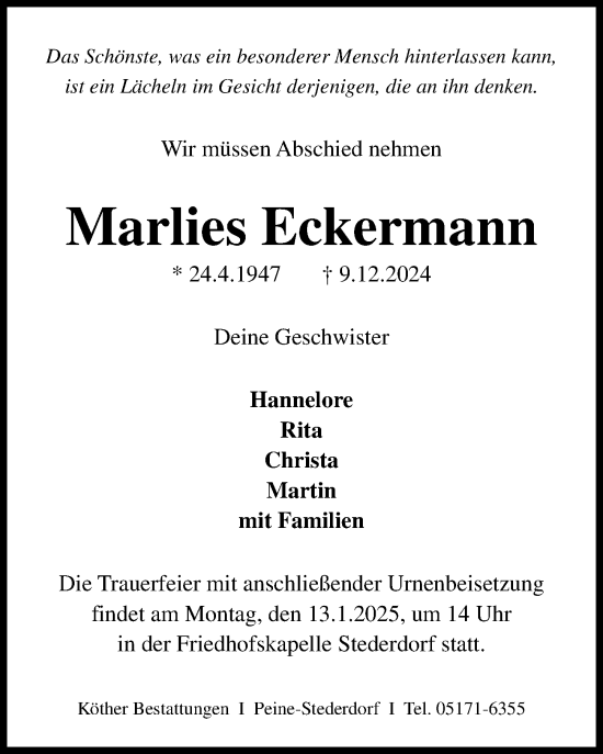 Traueranzeige von Marlies Eckermann von Peiner Allgemeine Zeitung