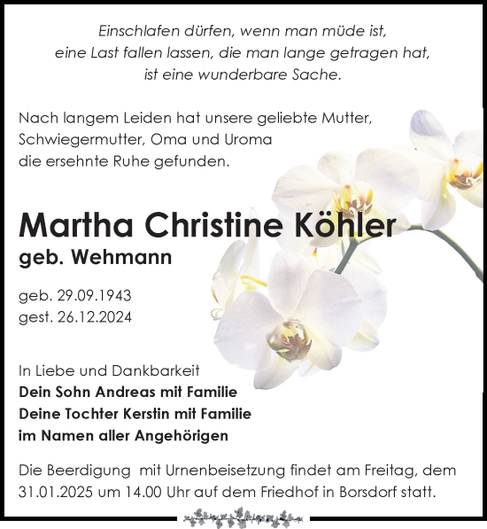 Traueranzeige von Martha Christine Köhler von Leipziger Volkszeitung