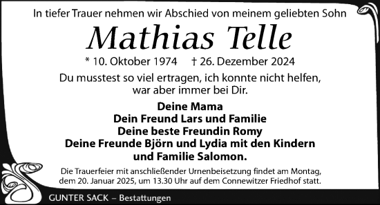 Traueranzeige von Mathias Telle von Leipziger Volkszeitung