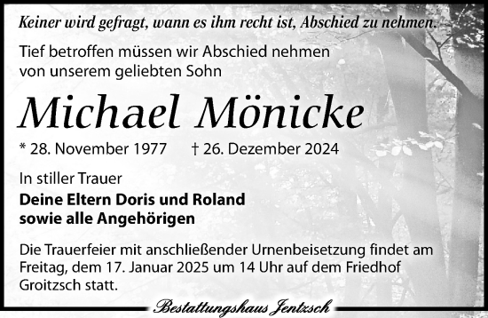 Traueranzeige von Michael Mönicke von Leipziger Volkszeitung