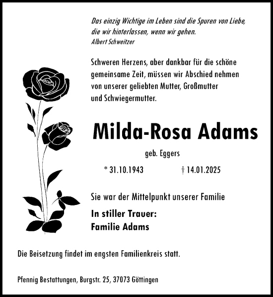 Traueranzeige von Milda-Rosa Adams von Göttinger Tageblatt