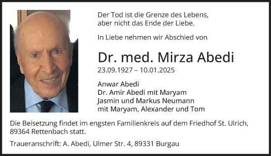 Traueranzeige von Mirza Abedi von Hannoversche Allgemeine Zeitung/Neue Presse