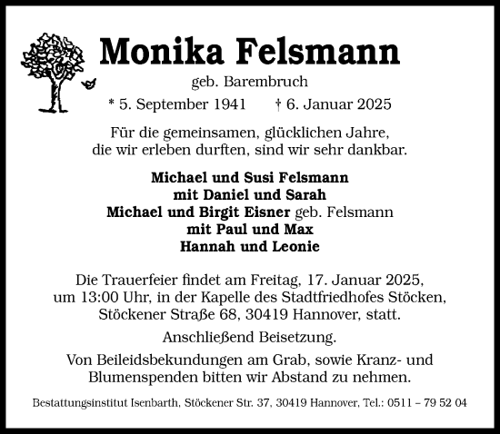 Traueranzeige von Monika Felsmann von Hannoversche Allgemeine Zeitung/Neue Presse