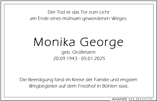 Traueranzeige von Monika George von Leipziger Volkszeitung