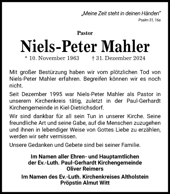 Traueranzeige von Niels-Peter Mahler von Kieler Nachrichten