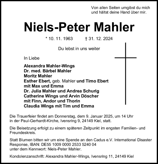 Traueranzeige von Niels-Peter Mahler von Kieler Nachrichten