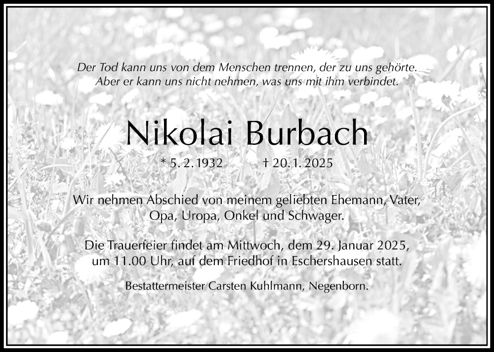  Traueranzeige für Nikolai Burbach vom 25.01.2025 aus Täglicher Anzeiger Holzminden