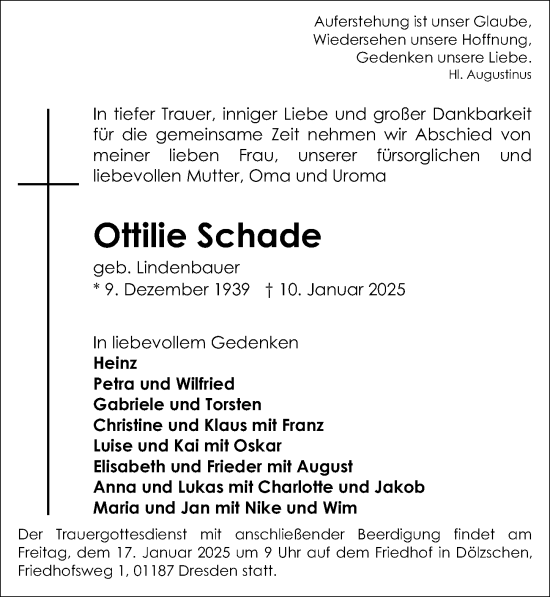 Traueranzeige von Ottilie Schade von Sächsische Zeitung