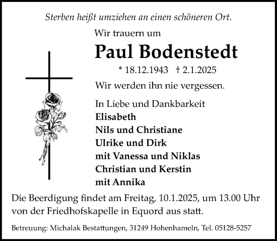 Traueranzeige von Paul Bodenstedt von Peiner Allgemeine Zeitung