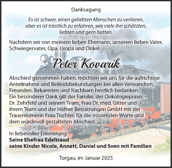 Traueranzeige von Peter Kovarik von Torgauer Zeitung