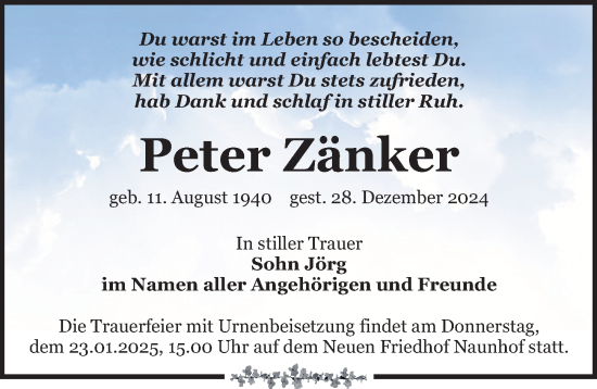 Traueranzeige von Peter Zänker von Leipziger Volkszeitung