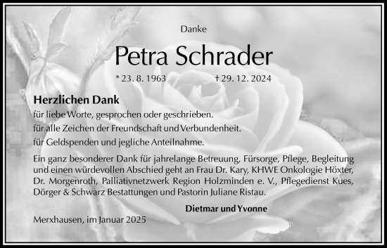 Traueranzeige von Petra Schrader von Täglicher Anzeiger Holzminden