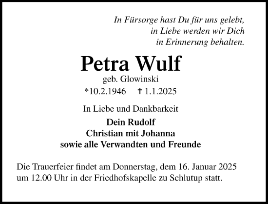 Traueranzeige von Petra Wulf von Lübecker Nachrichten
