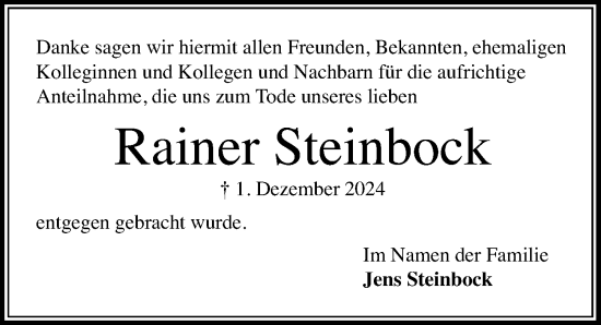 Traueranzeige von Rainer Steinbock von Lübecker Nachrichten