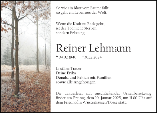 Traueranzeige von Reiner Lehmann von Märkischen Allgemeine Zeitung