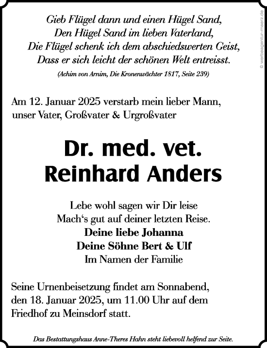 Traueranzeige von Reinhard Anders von Märkischen Allgemeine Zeitung