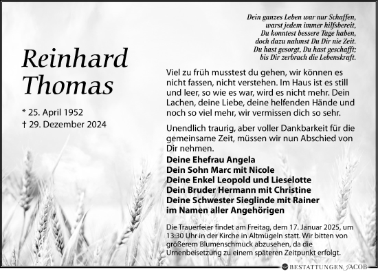 Traueranzeige von Reinhard Thomas von Leipziger Volkszeitung