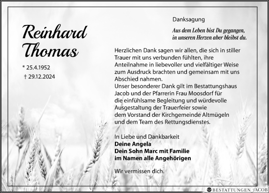 Traueranzeige von Reinhard Thomas von Leipziger Volkszeitung