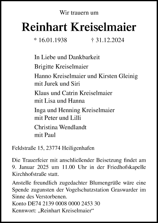 Traueranzeige von Reinhart Kreiselmaier von Lübecker Nachrichten