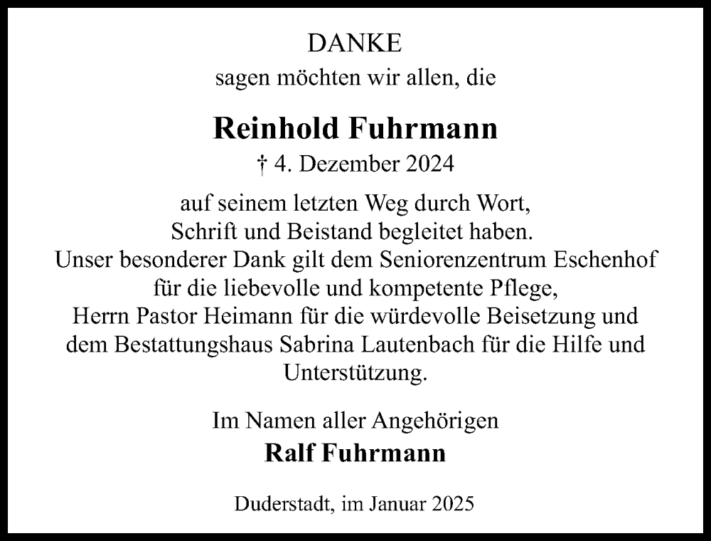  Traueranzeige für Reinhold Fuhrmann vom 04.01.2025 aus Eichsfelder Tageblatt