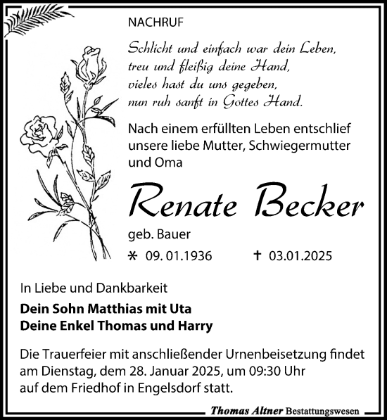 Traueranzeige von Renate Becker von Leipziger Volkszeitung