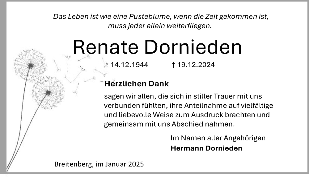  Traueranzeige für Renate Dornieden vom 25.01.2025 aus Eichsfelder Tageblatt