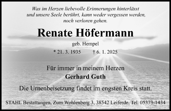 Traueranzeige von Renate Höfermann von Aller Zeitung