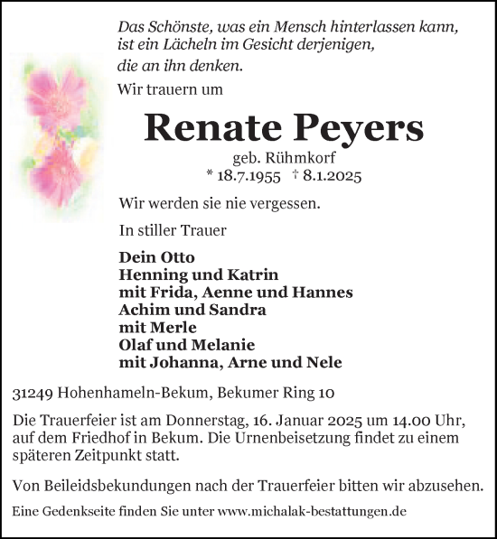 Traueranzeige von Renate Peyers von Peiner Allgemeine Zeitung