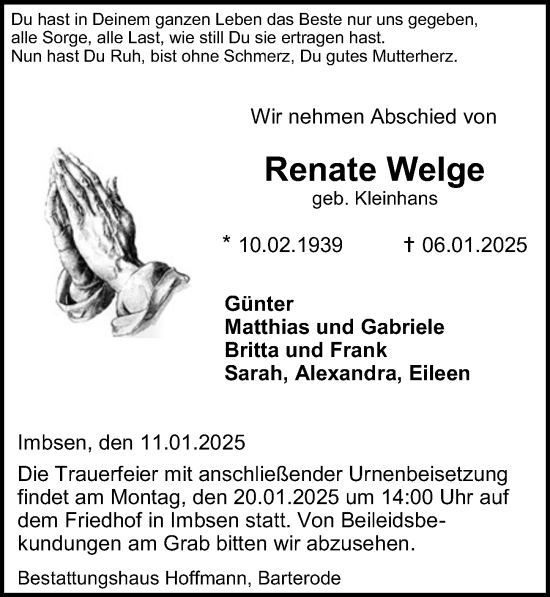 Traueranzeige von Renate Welge von Göttinger Tageblatt