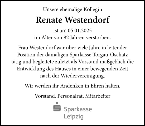 Traueranzeige von Renate Westendorf von Leipziger Volkszeitung