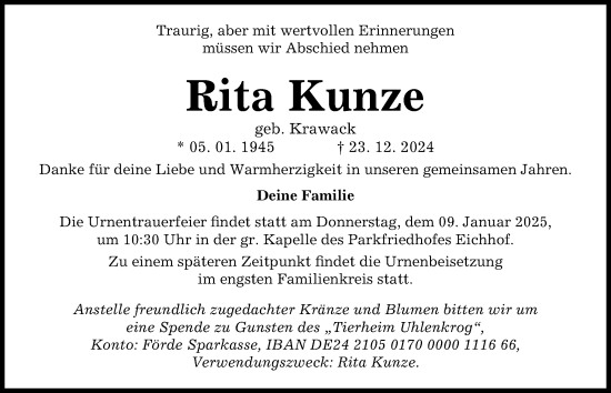 Traueranzeige von Rita Kunze von Kieler Nachrichten