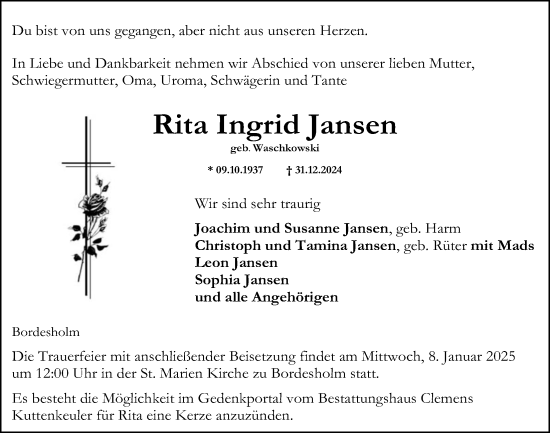 Traueranzeige von Rita Ingrid Jansen von Kieler Nachrichten