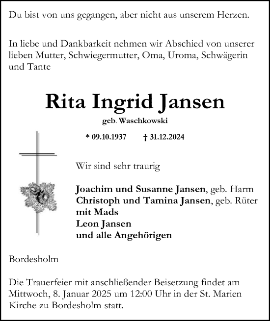 Traueranzeige von Rita Ingrid Jansen von Kieler Nachrichten