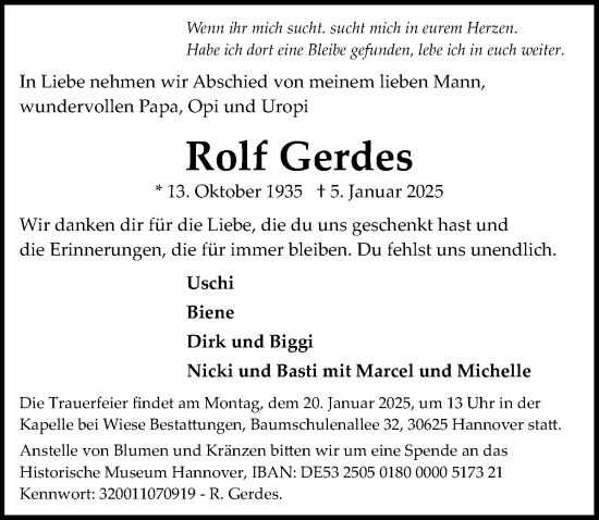 Traueranzeige von Rolf Gerdes von Hannoversche Allgemeine Zeitung/Neue Presse