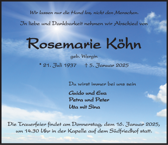 Traueranzeige von Rosemarie Köhn von Kieler Nachrichten