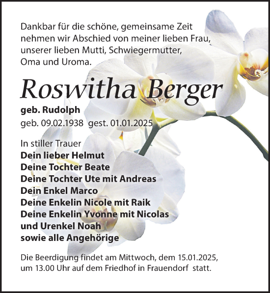 Traueranzeige von Roswitha Berger von Leipziger Volkszeitung