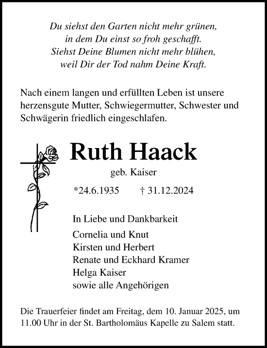 Traueranzeige von Ruth Haack von Lübecker Nachrichten